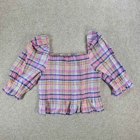 Tommy Hilfiger Smocked Plaid Top Womens XL Pink Puff Sleeve Cropped Peplum New - Picture 7 of 13